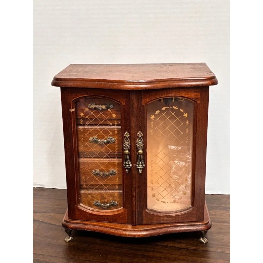 Vintage Wood Jewelry Armoire Glass Etched Doors Rotating Carousel Claw Feet